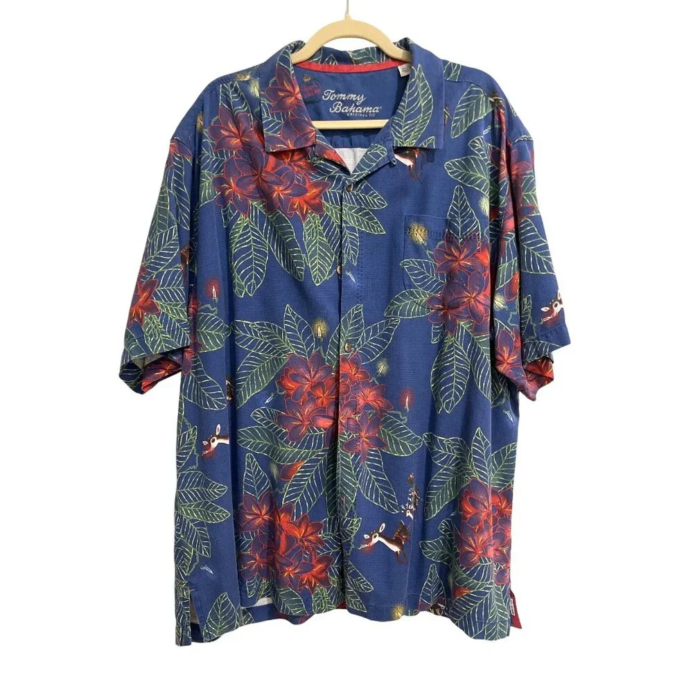Tommy Bahama Mens XXL Original Fit Silk Hawaiian Shirt Blue Red Rudolf Reindeer - Picture 1 of 8